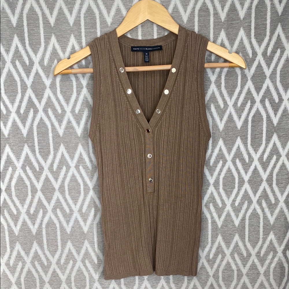 White House Black Market Brown Ribbed V-Neck Button-Front Sweater Tank